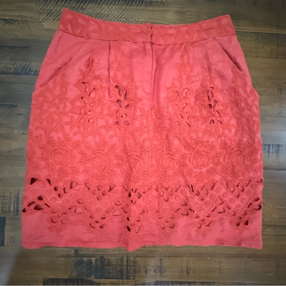 Anthropologie Baraschi Red Embroidered‎ Eyelet Linen Short Skirt SZ 0 Pockets